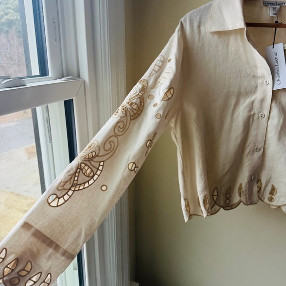 Christian Lacroix Linen Blend Embroidered Scallop Hem Blouse S NWT - Picture 7 of 10